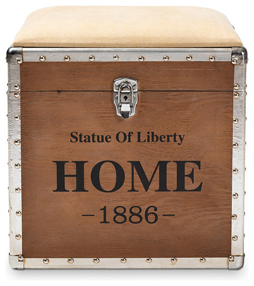 Violetta Vintage Industrial Beige Upholstered Wood Storage Trunk Ottoman