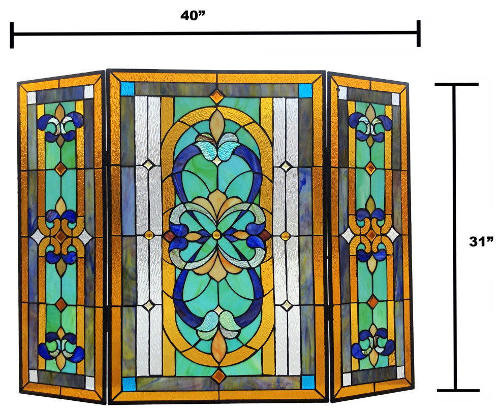 PALACE Tiffany-Style 3-Piece Folding Victorian Glass Fireplace Screen, 40"