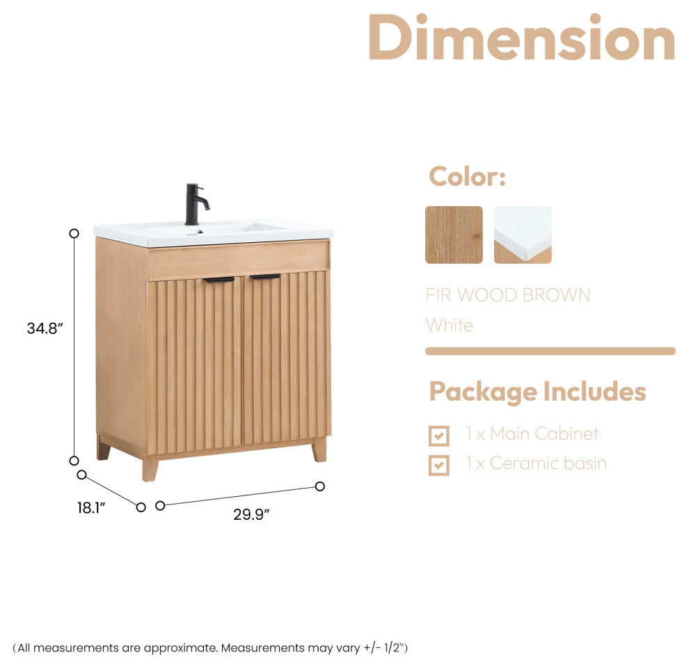 Palos Bathroom Vanity, Fir Wood Brown, 30", Ceramic Top, No Mirror
