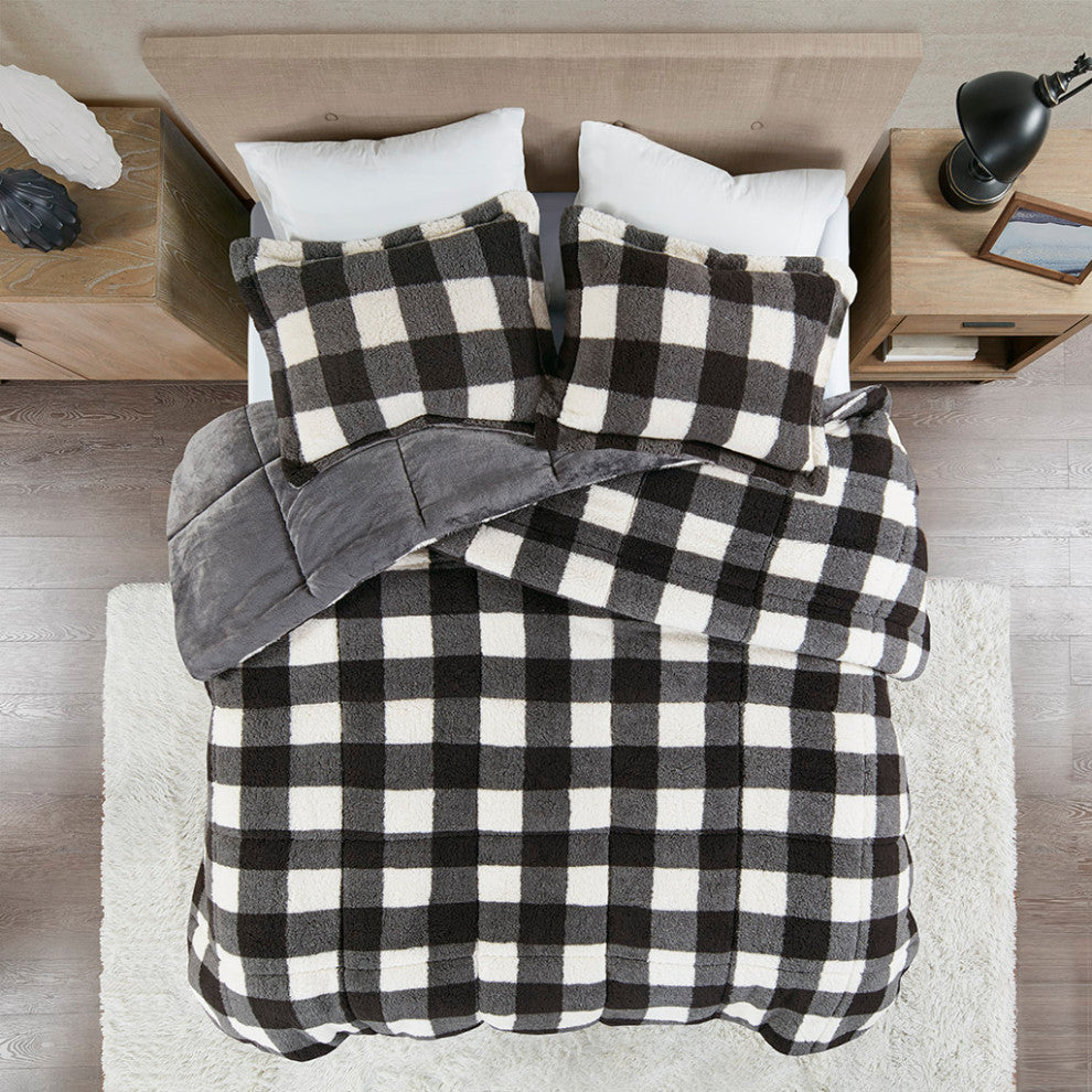 Sleep Philosophy Brooks Sherpa Black and White Buffalo Check Comforter Set