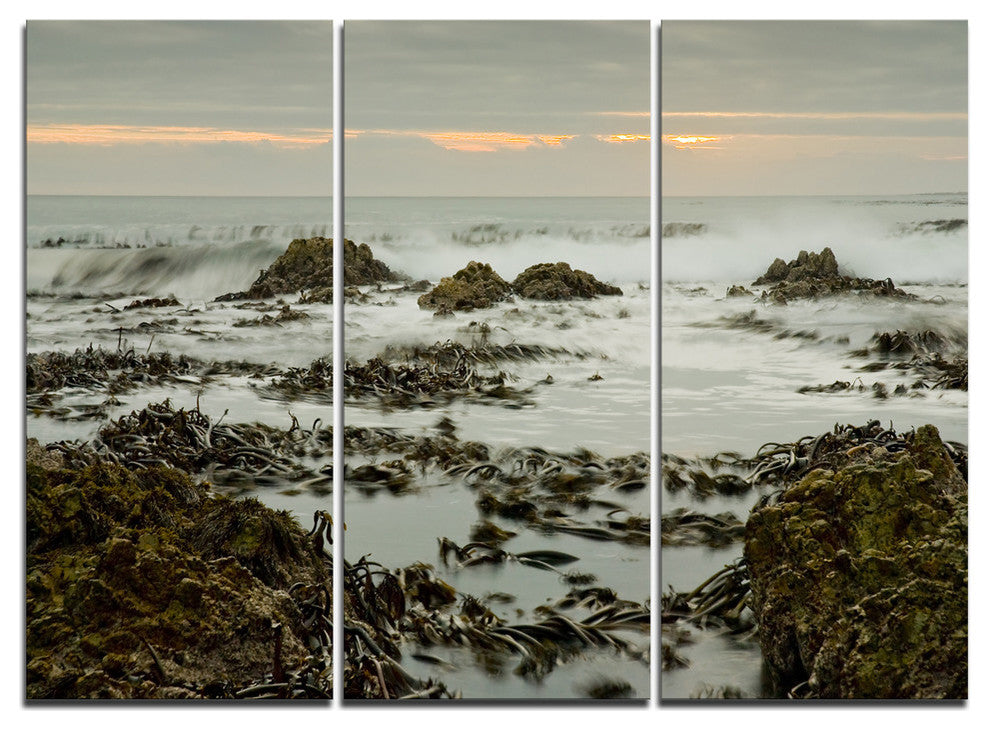 "Gloomy Sunset Over Rocks and Waves" Metal Wall Art, 3 Panels, 36"x28"
