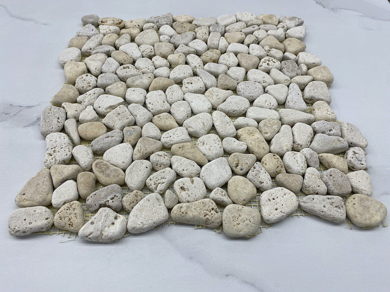 Non Slip Shower Floor Tile Tumbled Pebble Stone Travertine Giallo, 1 sheet