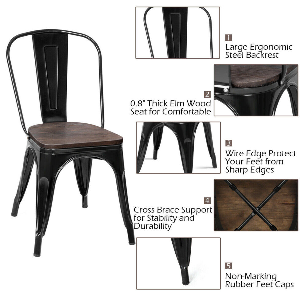 Costway Set of 4 Dining Side Chair Stackable Bistro Metal Wood Stool Black