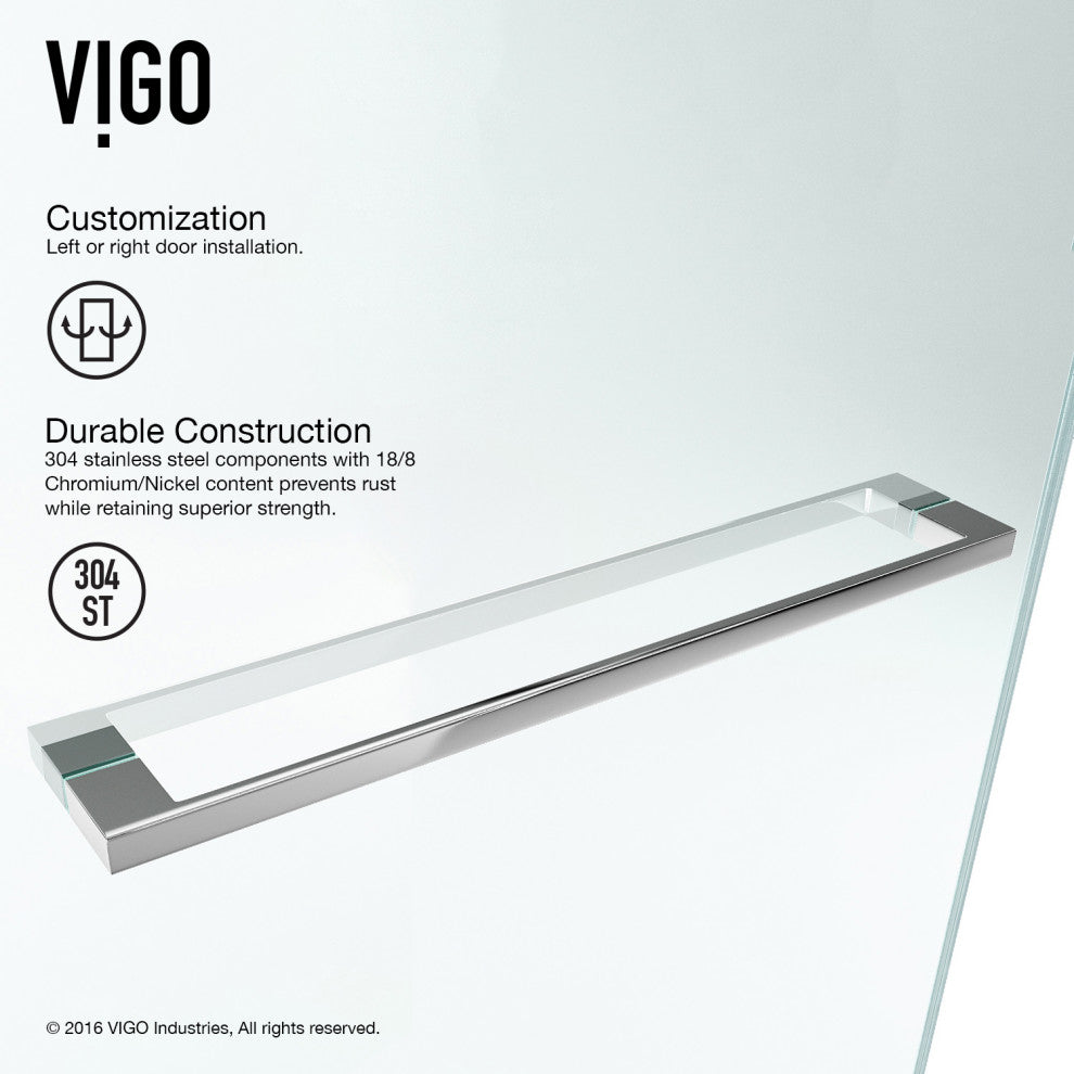 VIGO Rialto 34" W x 58" H Frameless Hinged Tub Door, Chrome, Clear Glass
