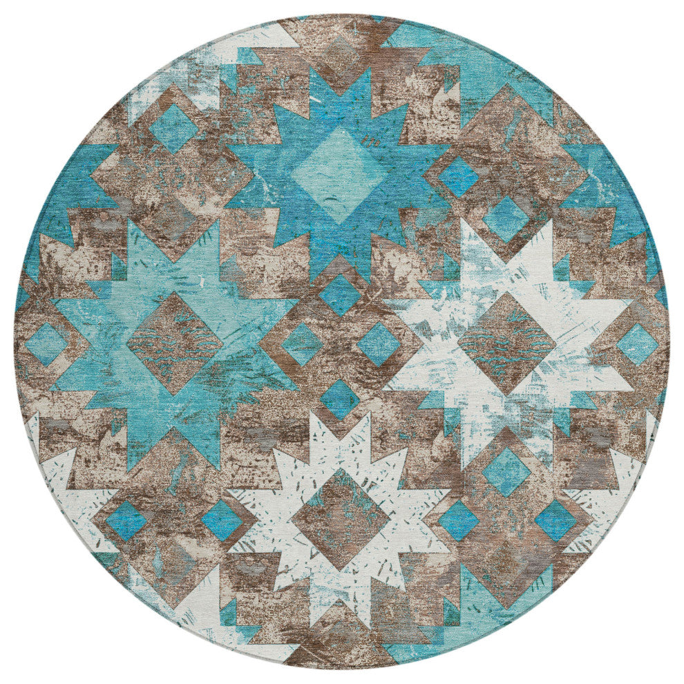 Machine Washable Indoor/Outdoor Chantille ACN1879 Teal 8' x 8' Round Rug