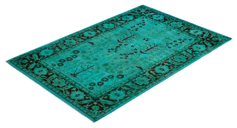 Overdyed One-of-a-Kind Hand-Knotted Area Rug Green, 4' 2" x 6' 3"