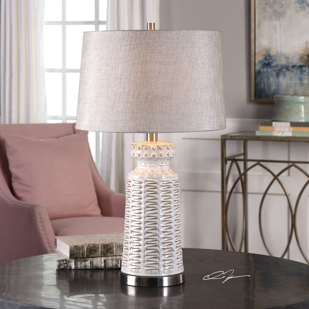 Embossed Ivory White Table Lamp, Tribal Lattice Pattern Rustic Textured