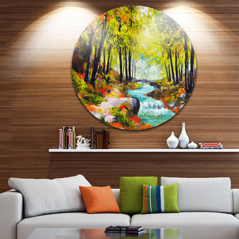 River In Green Autumn Forest, Landscape Painting Round Wall Art, 23"