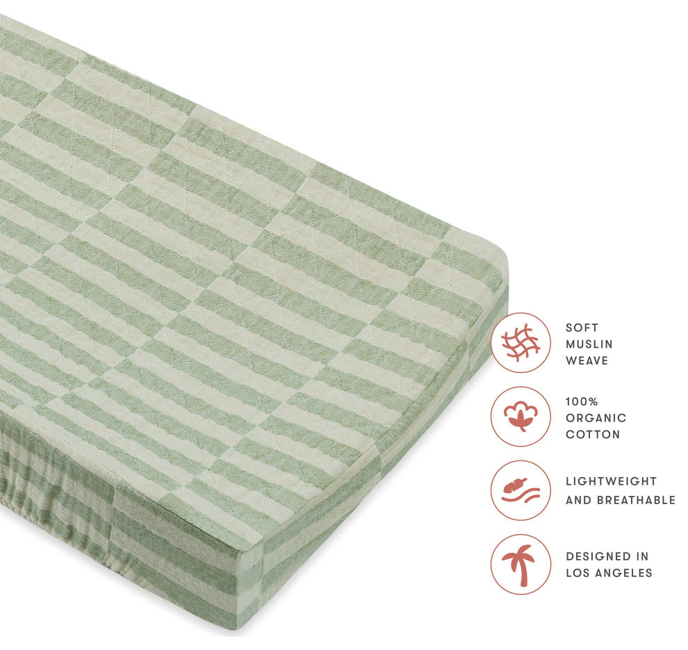 Quilted Changing Pad Cover, GOTS Certified Organic Muslin Cotton, Moss Stripe