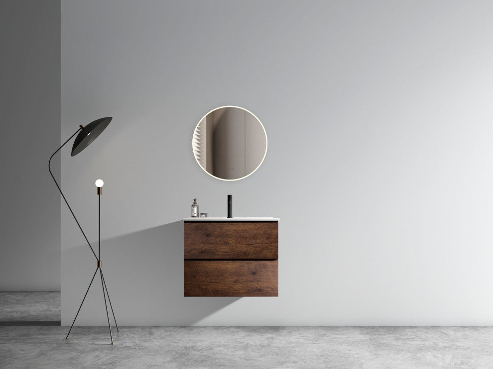 Wall-Mounted Bathroom Vanity Set with Ceramic Sink with one faucet hole, Walnut