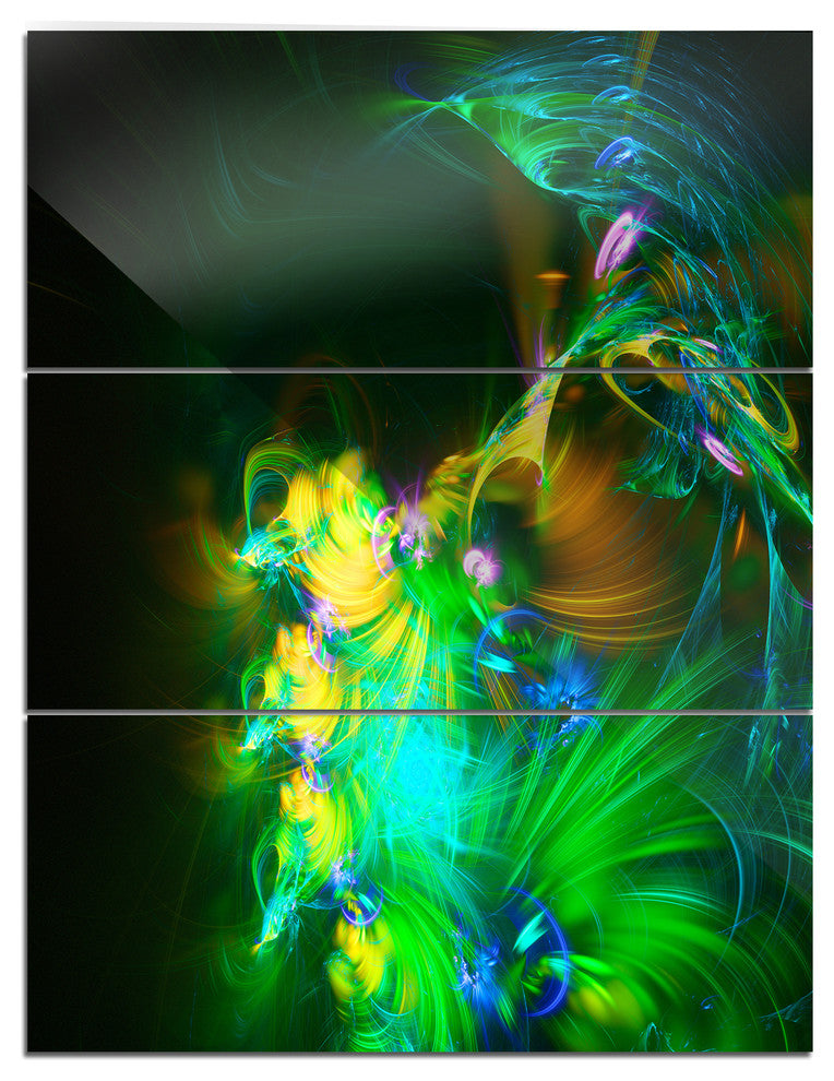 "Bright Green Fractal Flower in Dark" Metal Wall Art, 3 Panels, 28"x36"