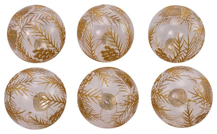 Kurt Adler 80MM Clear with Gold Pinecones Glass Ball Ornaments, 6-Piece Set