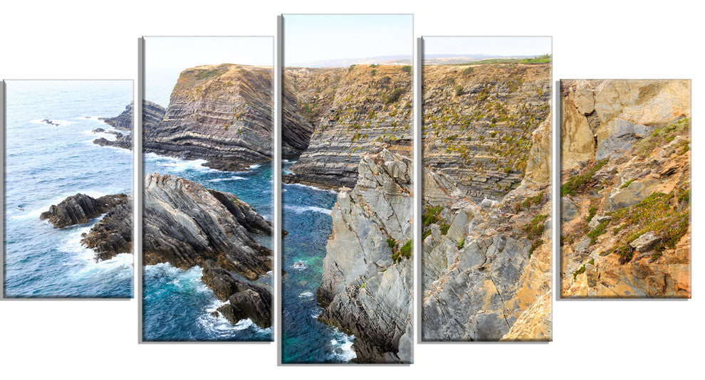 "Blue Rocky Bay Portugal" Panorama Seashore Wall Art, 60"x32", 5-Panels