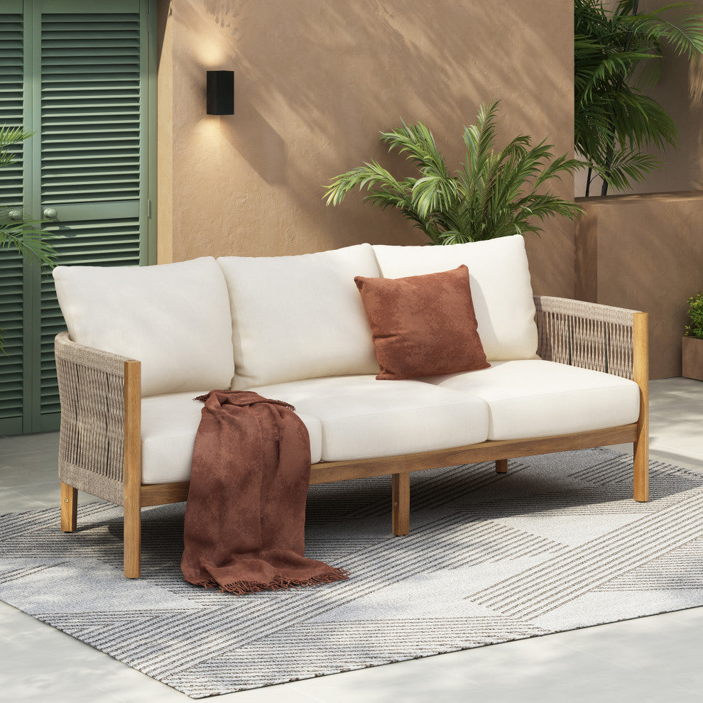 GDF Studio Outdoor 3-Seater Patio Acacia Wood Sofa, Teak/Beige