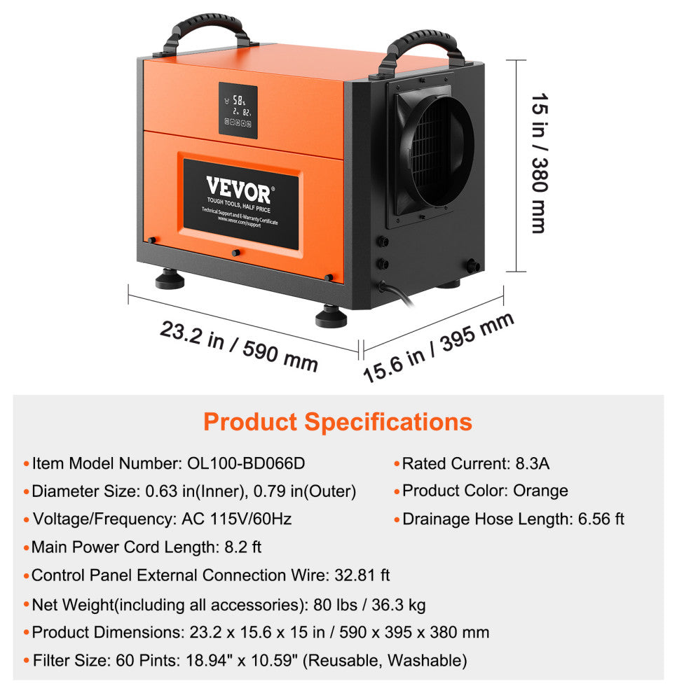 VEVOR 156 PPD Commercial Dehumidifier with Pump Drain Hose for Crawl Spaces