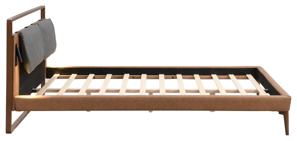 GDF Studio PU Leather Platform Bed With LED Lights, Brown/Gray, Queen