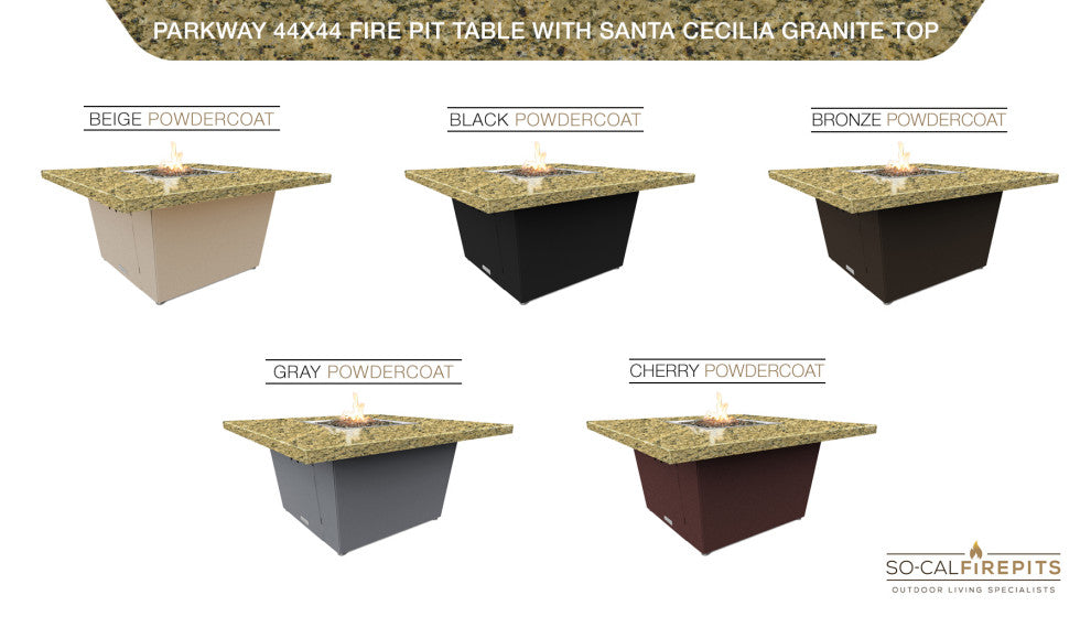 Square Fire Pit Table, 44x44, Chat Height, Propane, Santa Cecilli Top, Bronze