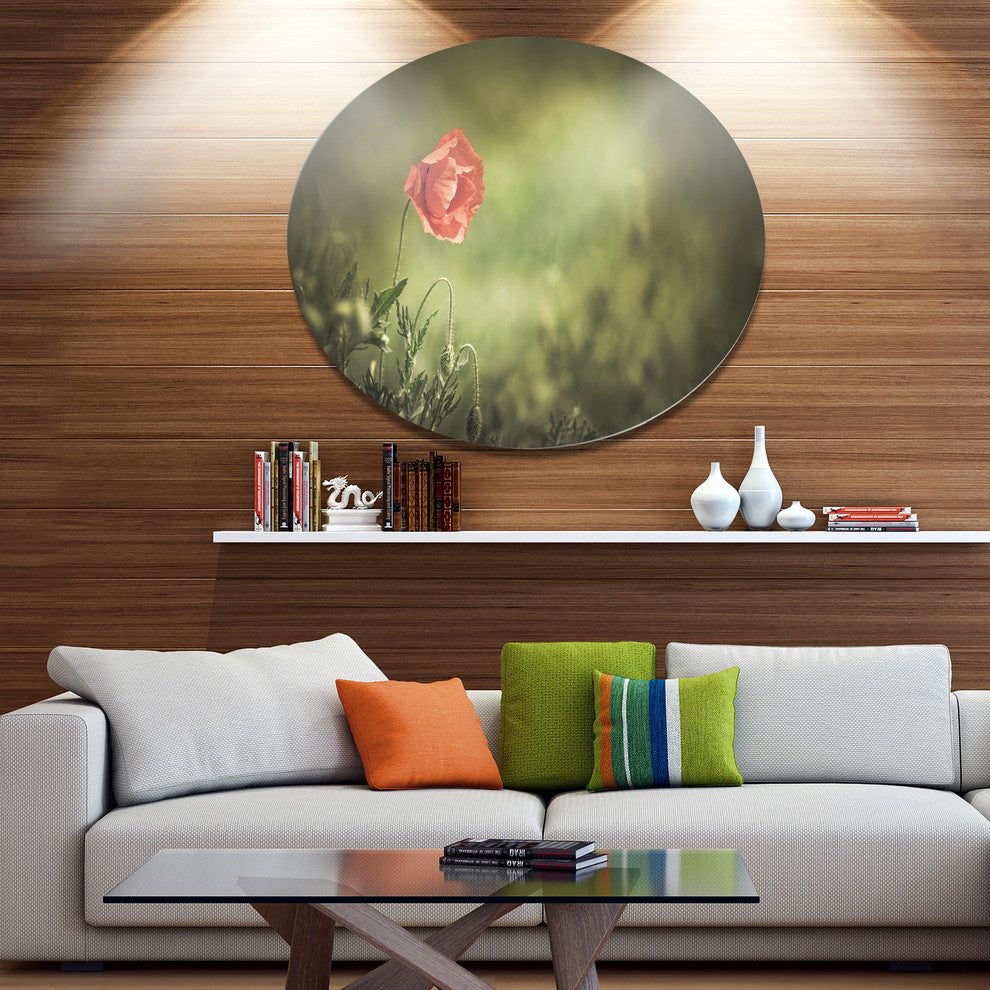 Red Wild Poppy Flower On Green, Modern Floral Disc Metal Artwork, 23"