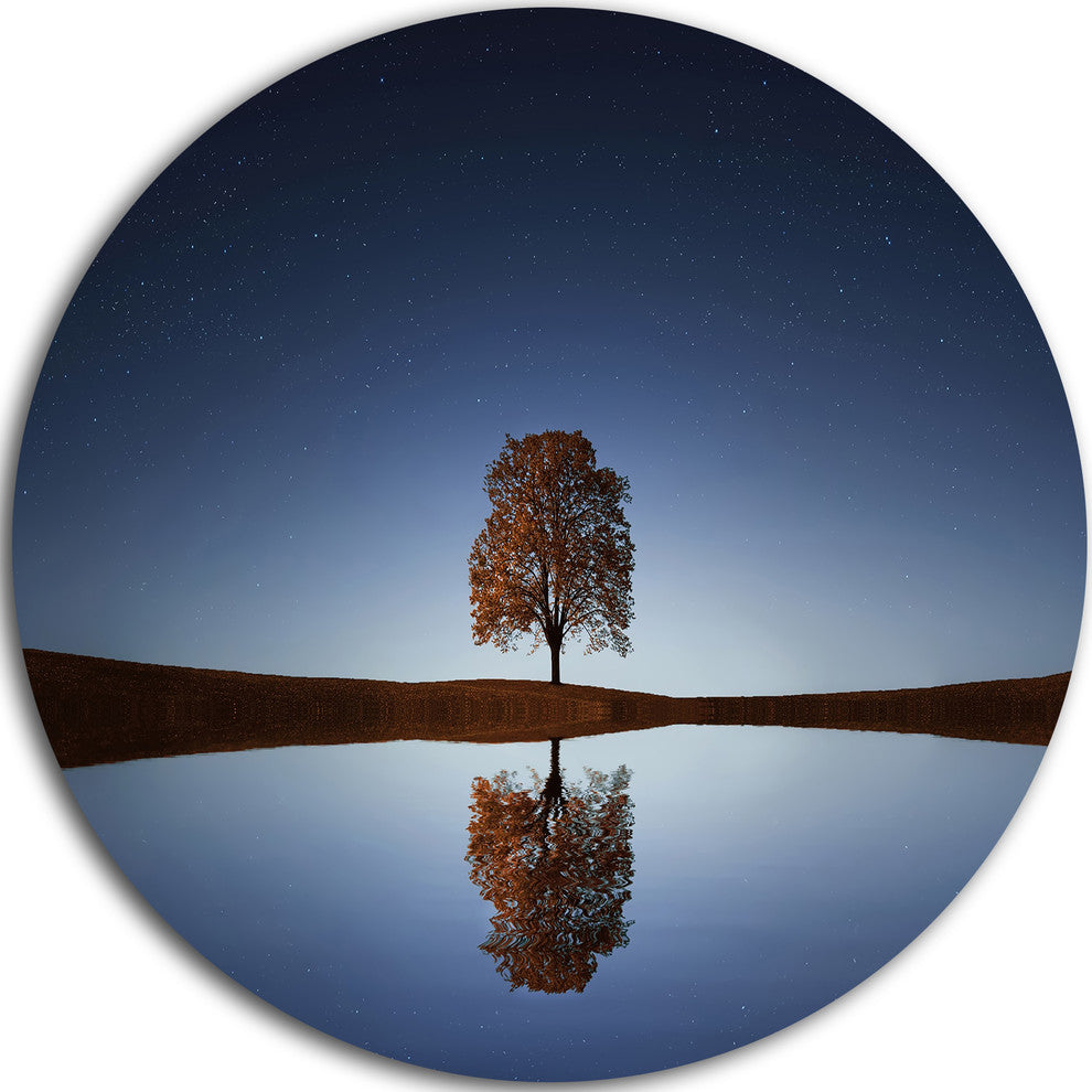 Tree Near Lake At Night, Landscape Photography Disc Metal Wall Art, 36"