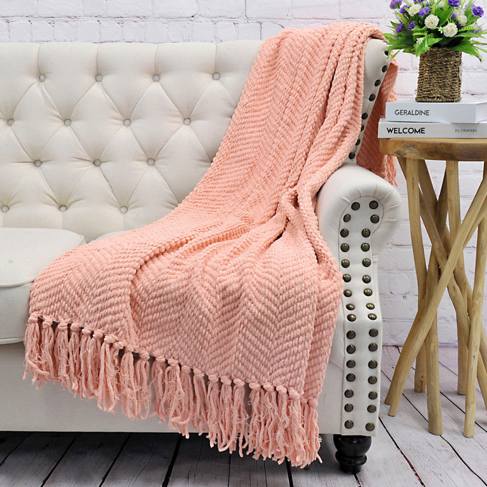 Tweed Knitted Throw Blanket, Peach Melba, 50"x60"