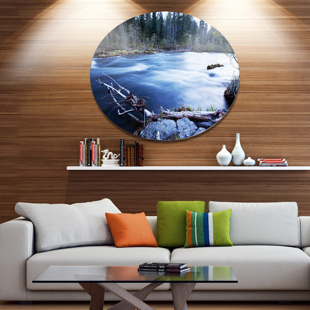 Blue River In Forest At Evening, Landscape Disc Metal Wall Art, 36"