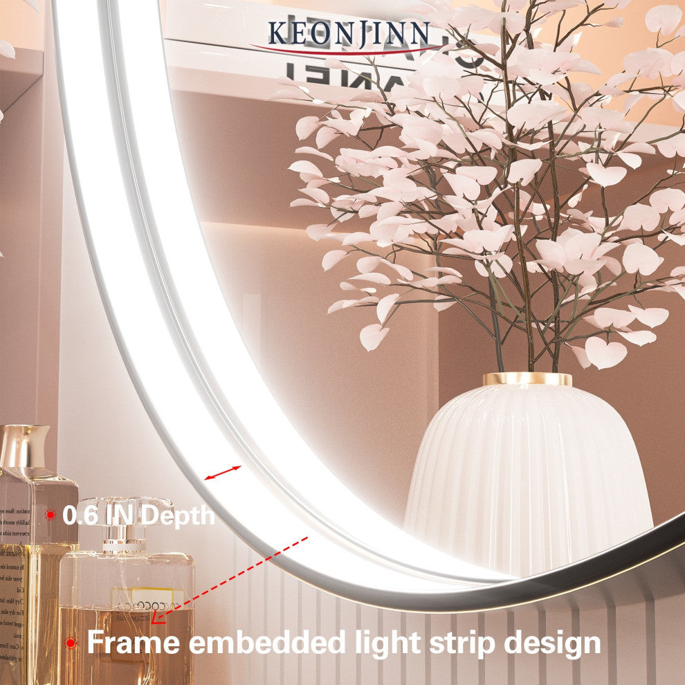 Metal Framed Round LED Vanity Mirror Anti-Fog Wall Mount Makeup Mirror, 24"