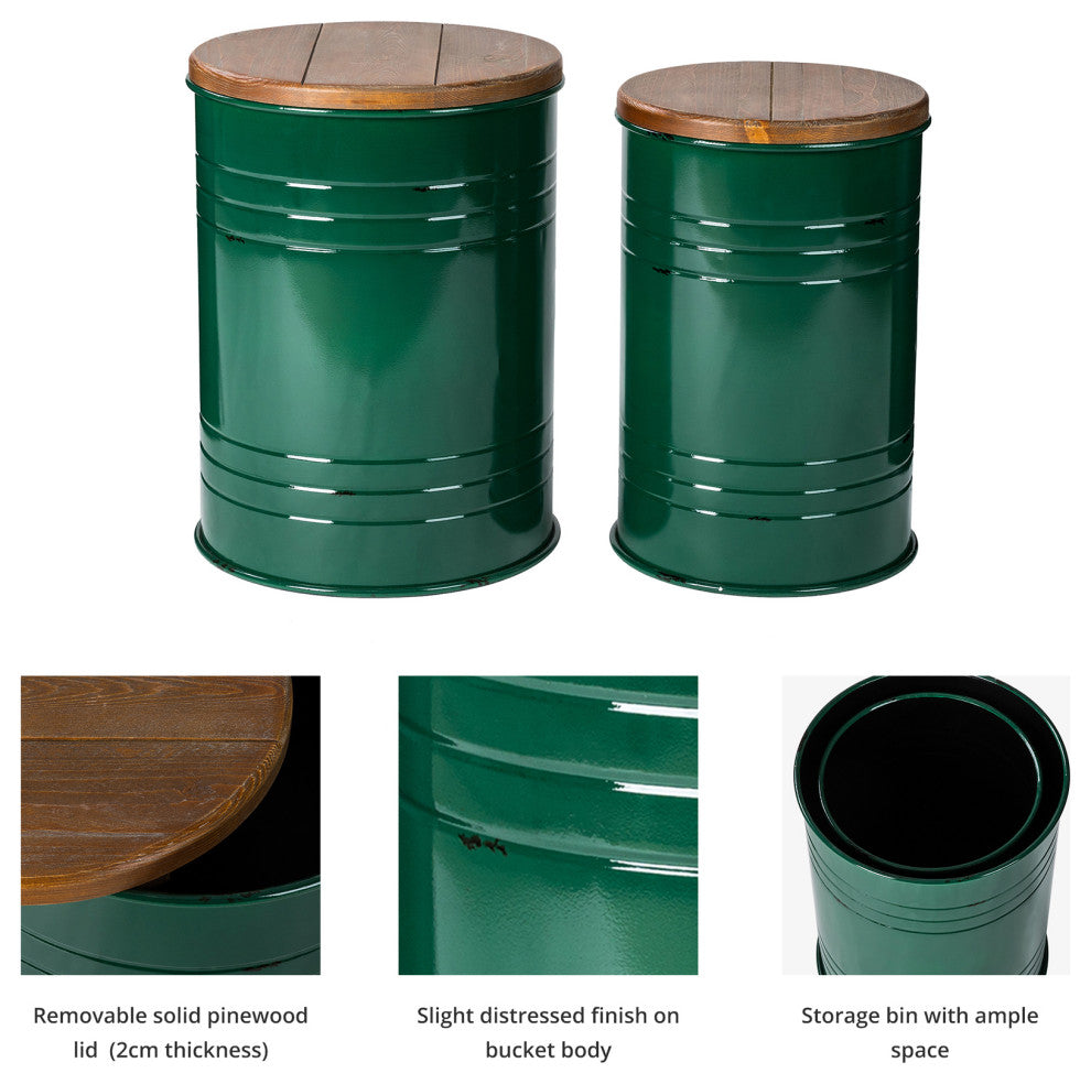 Farmhouse Metal With Solid Wood Seat Storage Stool, Set of 2, Hunter Green