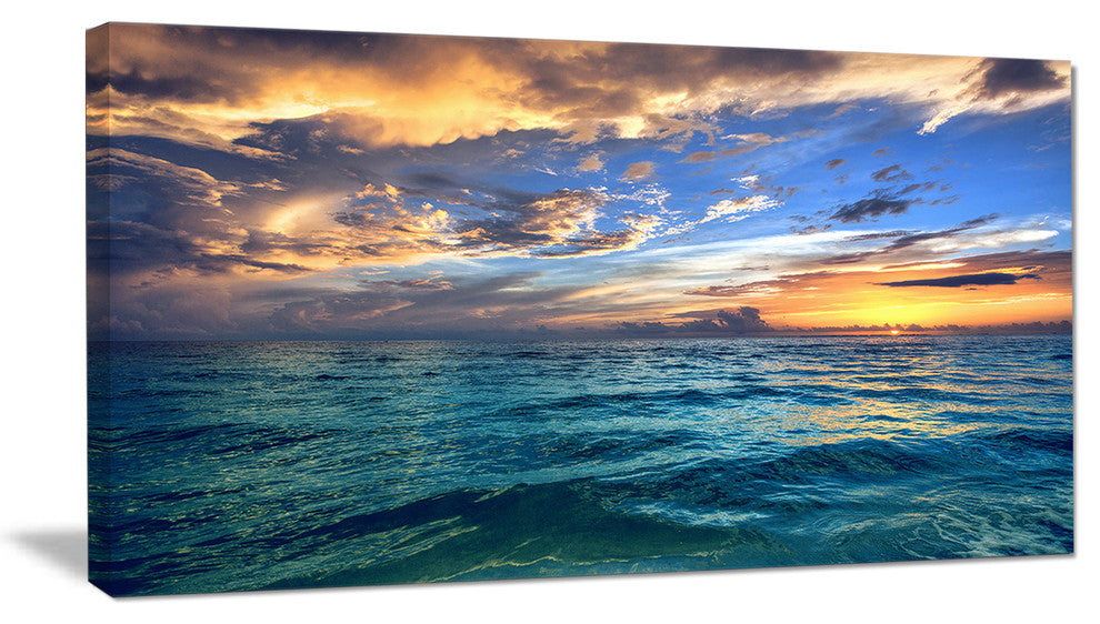 "Exotic Tropical Beach At Sunset" Modern Seashore Canvas Art, 32"x16"