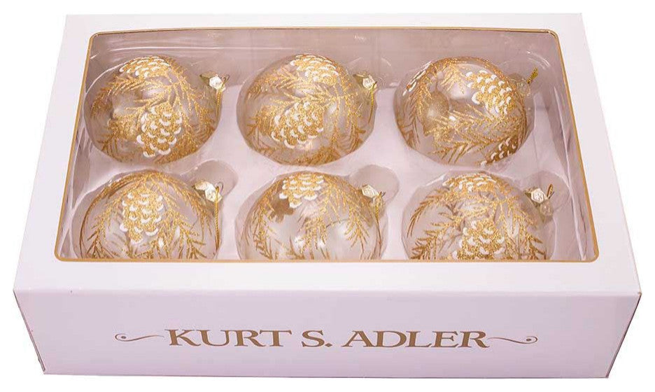 Kurt Adler 80MM Clear with Gold Pinecones Glass Ball Ornaments, 6-Piece Set