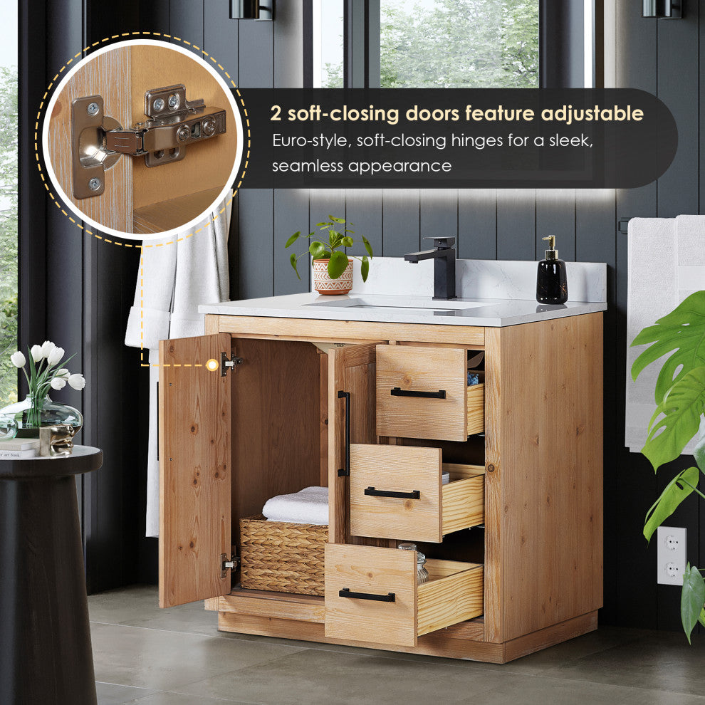 Cicero Vanity, Grain White Engineered Stone Countertop, Light Brown, 36", No Mirror