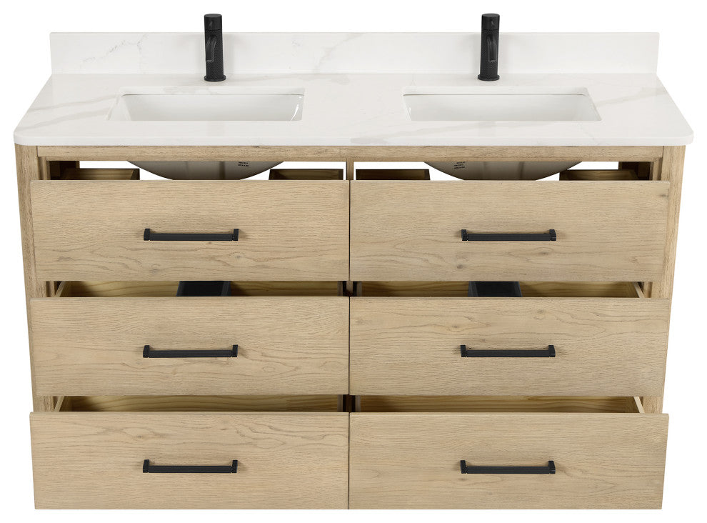 Porto Bath Vanity with White Quartz Stone Top, Natural Oak, 60 in., No Mirror