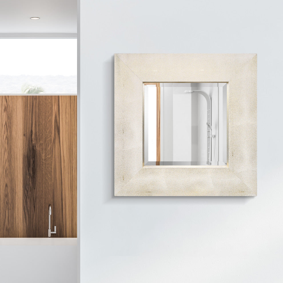 Beveled Wall Mirror, Gold on White Metallic Shagreen Leather Framed Mirror