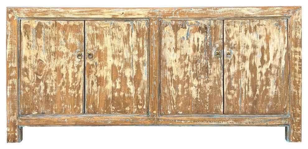 Distressed Bleached White Blue Wash Rough Wood Credenza Console Cabinet Hws4340