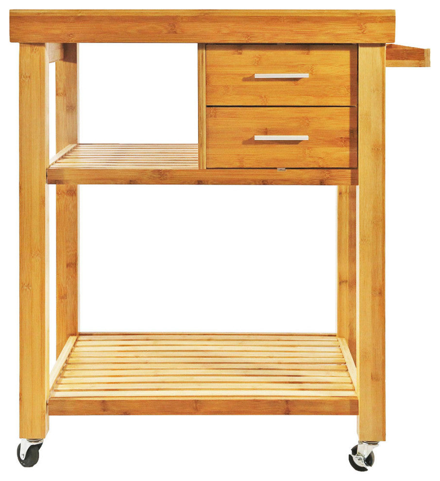 Rolling Bamboo Wood Kitchen Island Cart Trolley, Cabinet w/ Towel Rack & Drawers