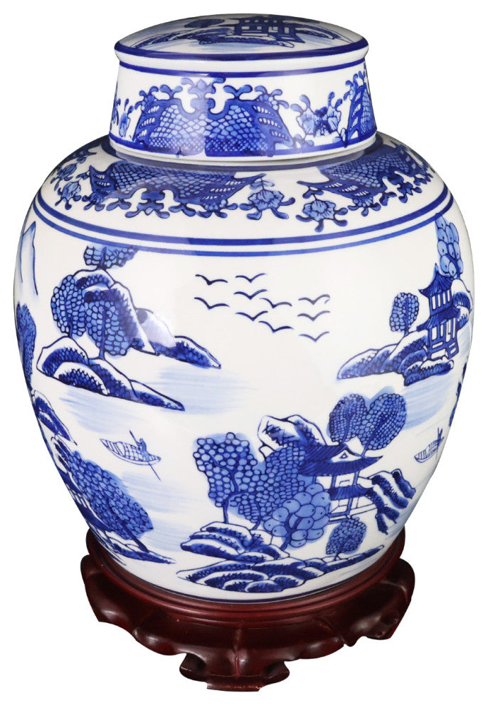 Chinese 9" Ginger Jar, Export Blue and White Porcelain Landscape