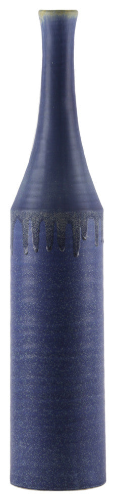 Round Ceramic Trumpet Mouth Bottle Vase Coated Rough Navy Blue Finish, Medium