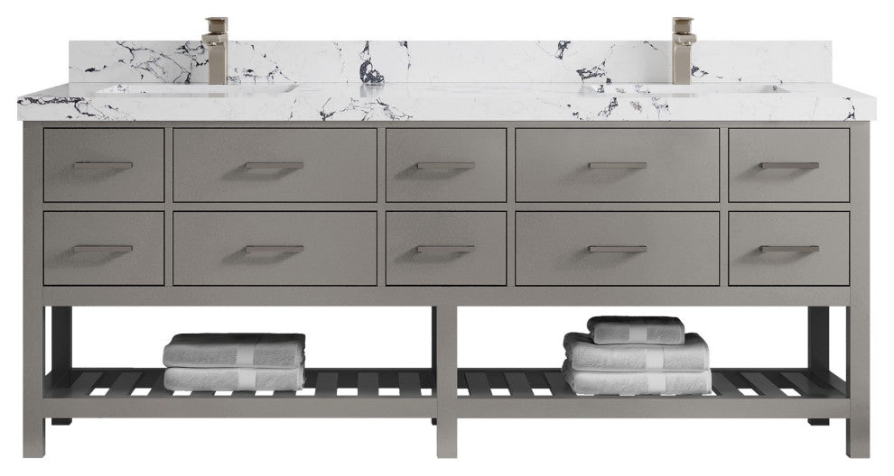 Parker 84" Double Sink Bath Vanity, Elephant Skin Gray 2" Viola Night
