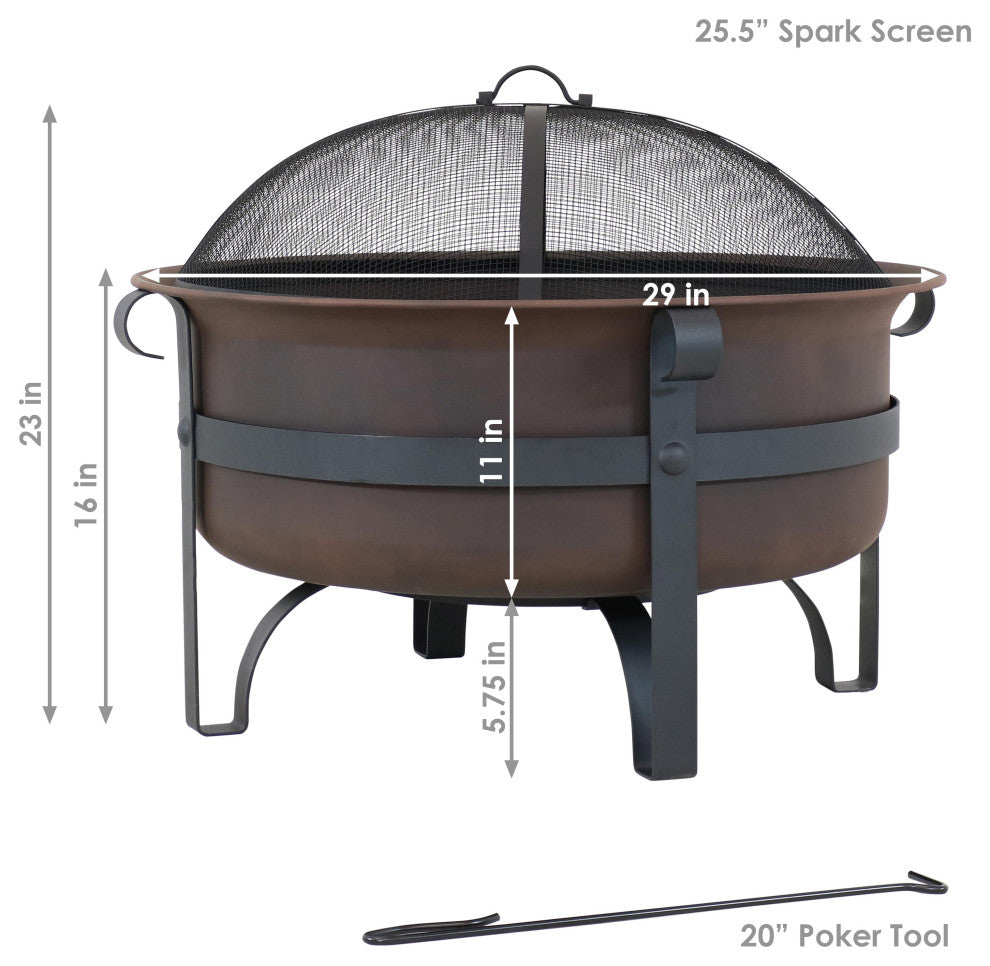 Sunnydaze 29" Cauldron Fire Pit Steel With Poker and Spark Screen