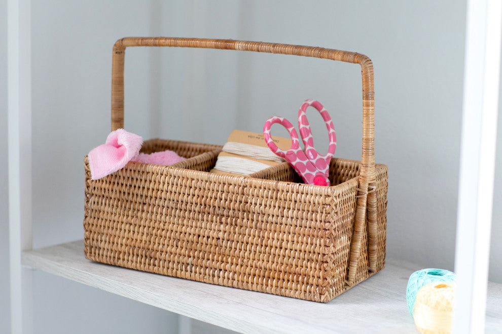 Artifacts Rattan™ 3 Section Caddy/Cutlery Holder with Handle, Honey Brown