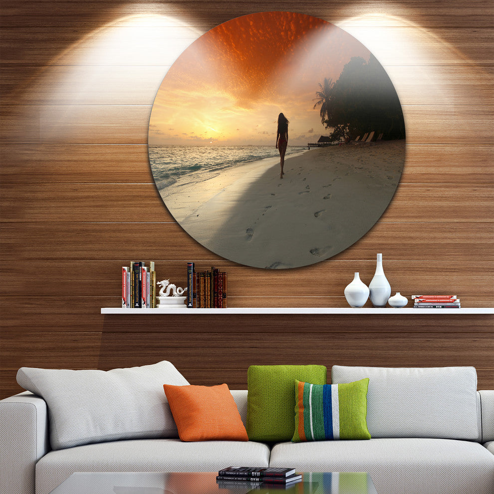 Woman Walking On Beach, Seashore Photo Disc Metal Wall Art, 36"