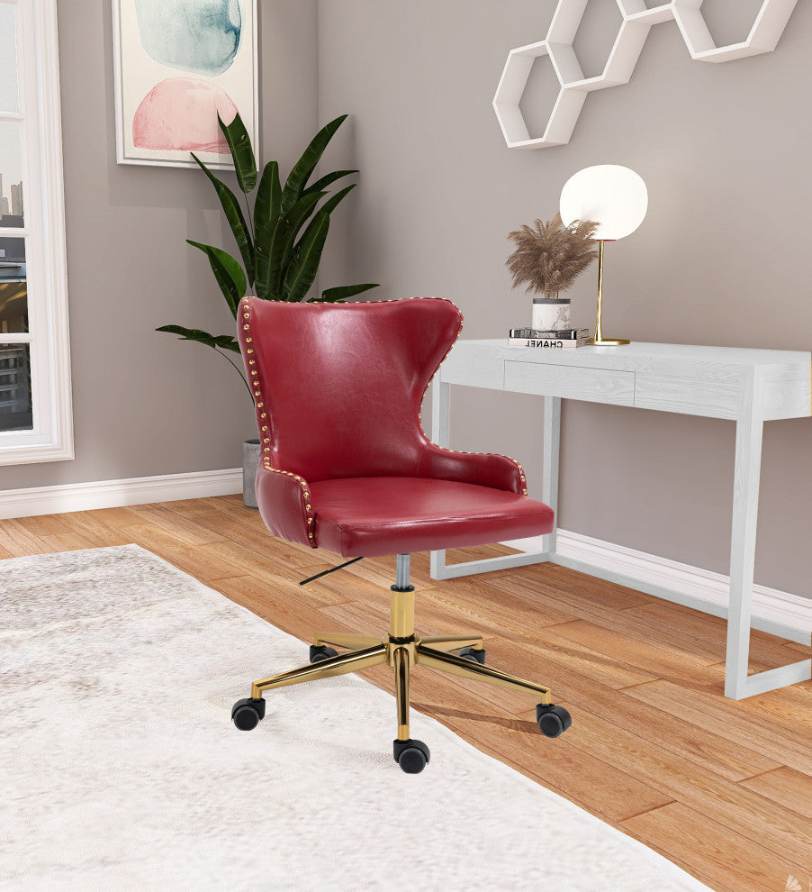Hendrix Swivel and Adjustable Vegan Leather Office Chair, Red, Rich Gold Base