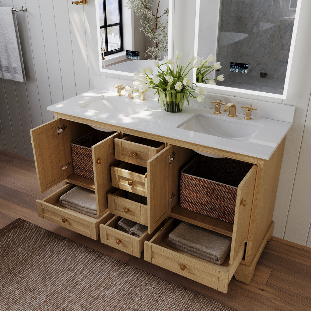 Audrey Vanity Set, Oak, 60", Gold Hardware, White Quartz Top