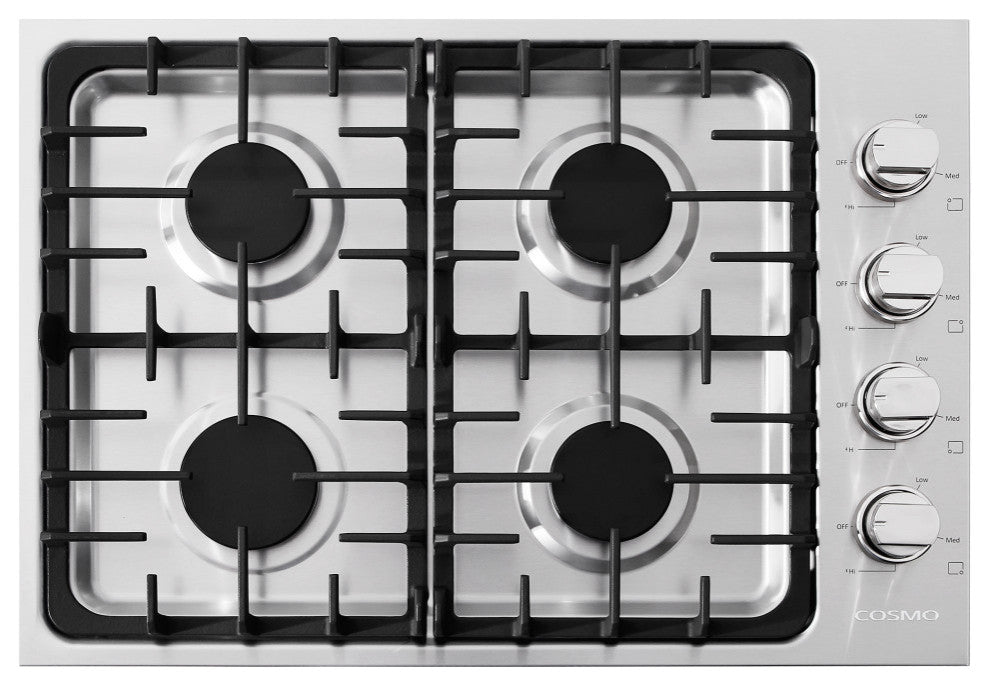30 in. Luxury Gas Cooktop in Stainless Steel with 4 Italian Burners Easy Clean