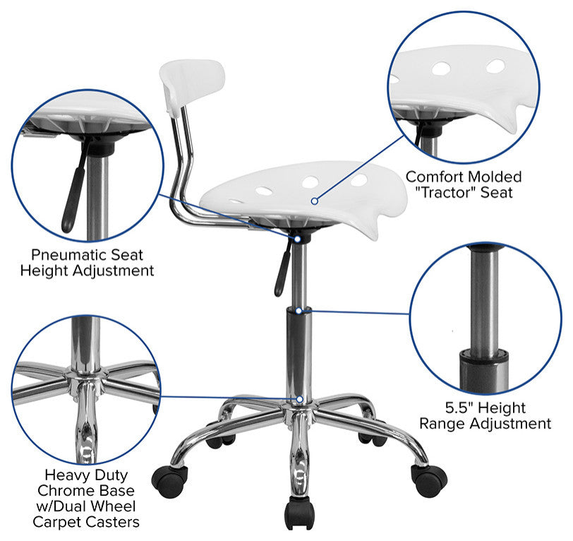 Vibrant White and Chrome Swivel Task Chair With Tractor Seat