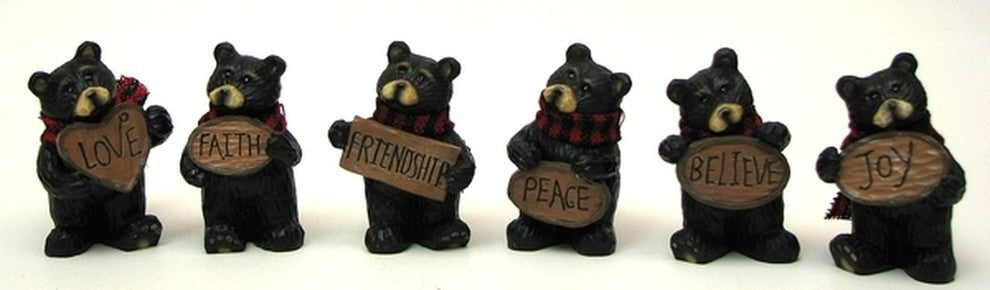 Mini Resin Bear With Sign, Set of 6