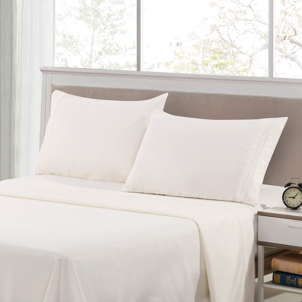 Brushed Microfiber Embroidered 1800 Bedding, 4 Piece, White, Twin