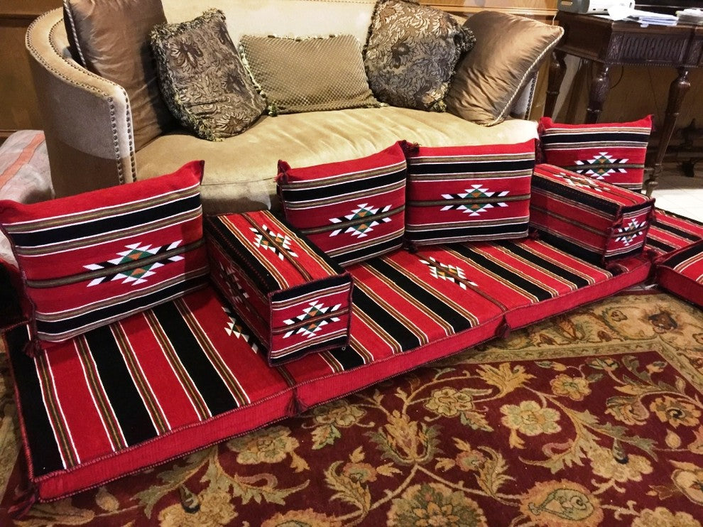 Abha 7-Piece Floor Seating Set, Traditional Arabic Red, Foam Filled