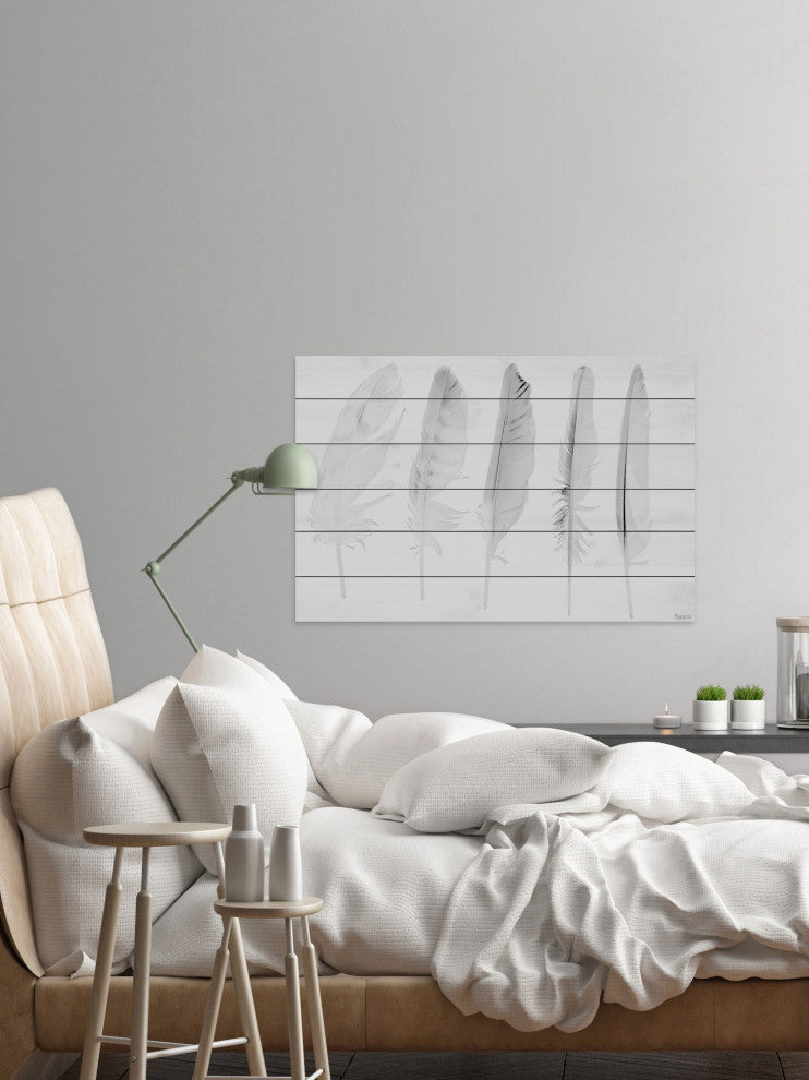 "Five White Feathers" Wall Art on Wood, 60"x40"