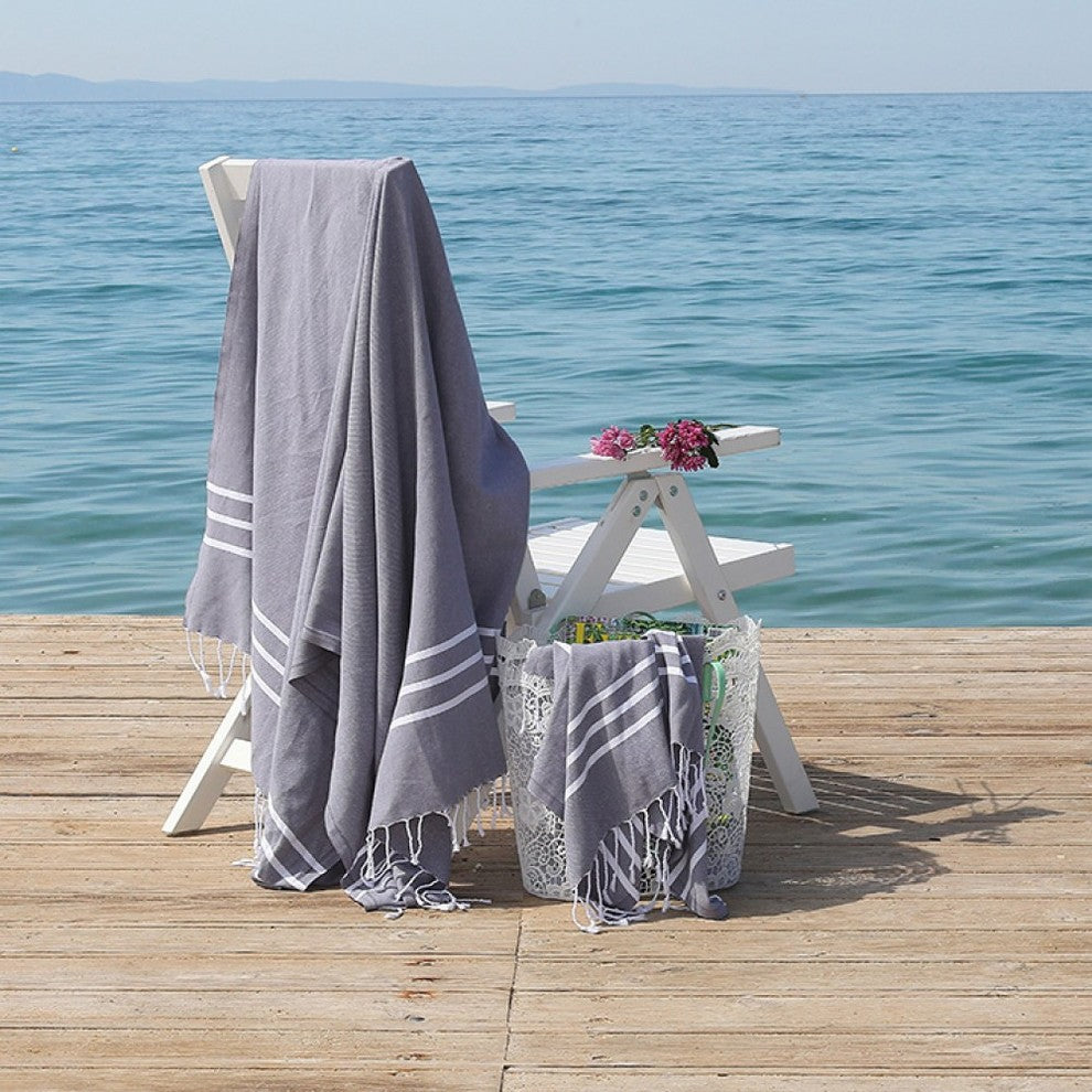 Linum Home Alara Turkish Pestemal Beach Towel, Gray/White Stripes, 70"x38"