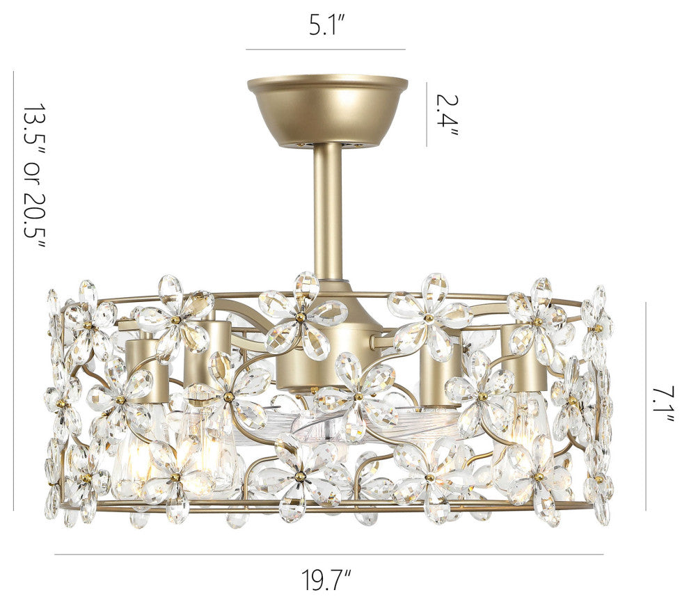 GetLedel 18" Modern Glam Crystal Ceiling Fan With Remote and Light
